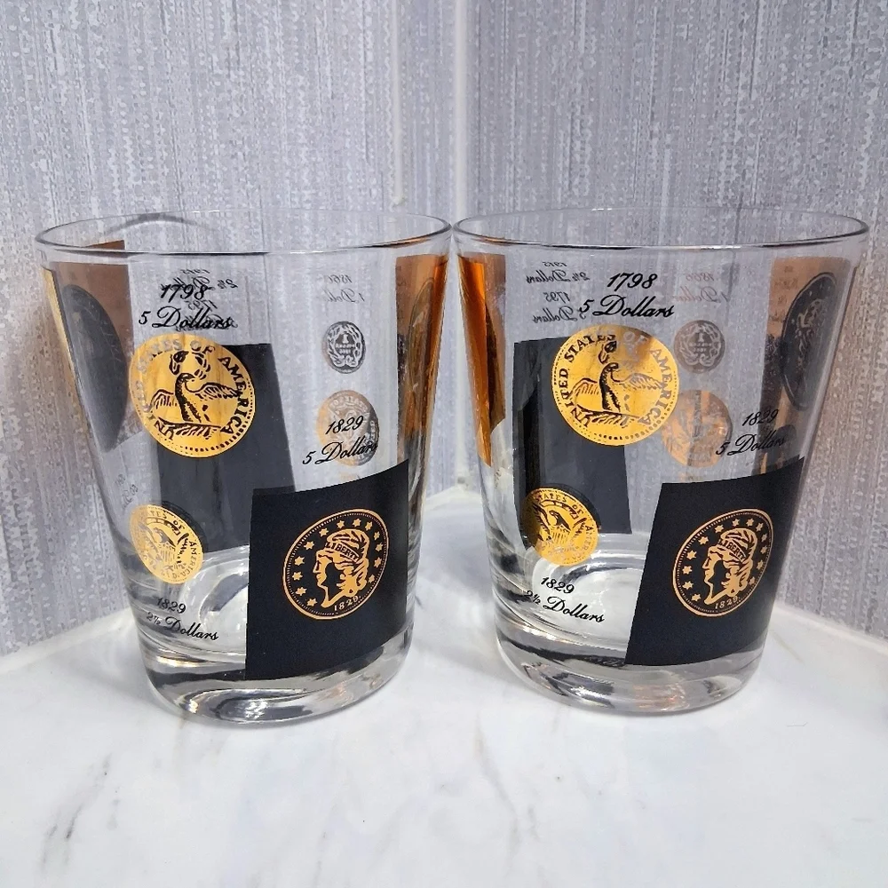 Vintage Cera US Coins Double Old Fashioned Glasses 22k Historical Barware Pair
